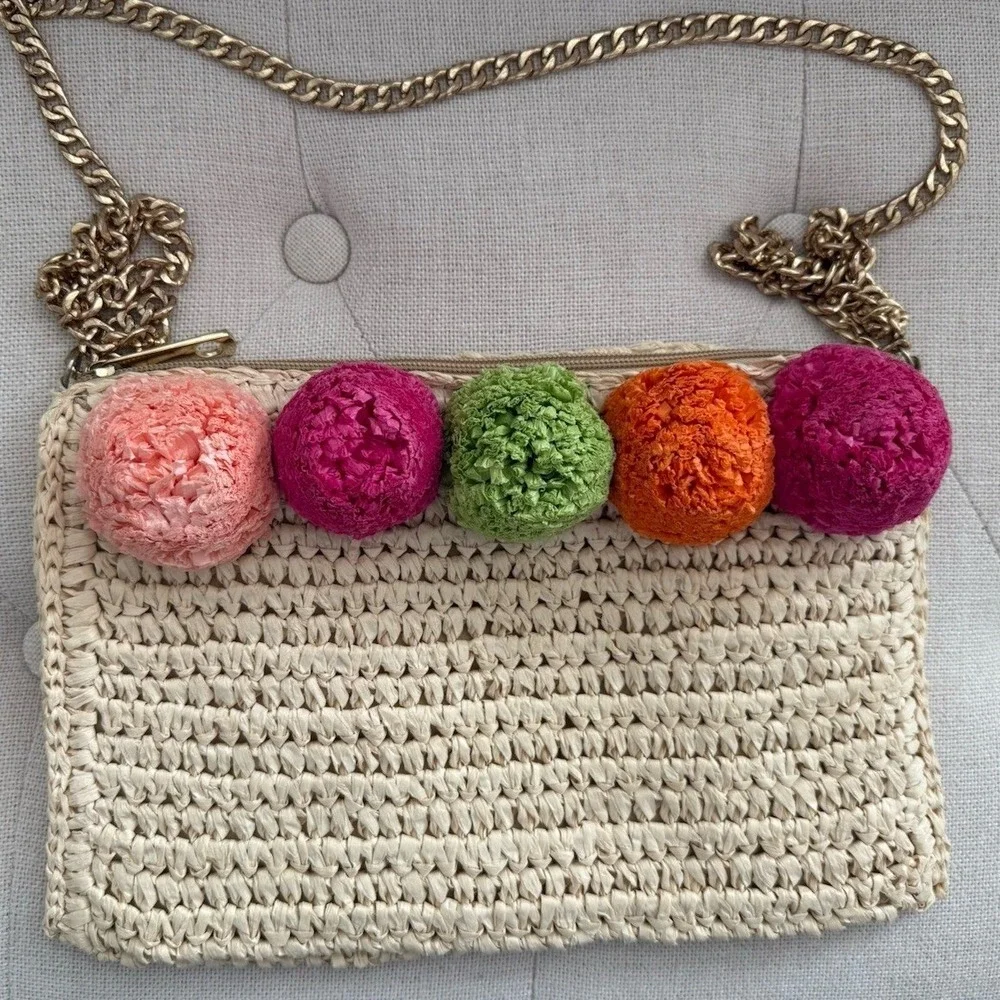 Pom Pom Crossbody Purse Straw Crochet Bag‎ 7.5H X 11.5L Shinny Gold Chain 22